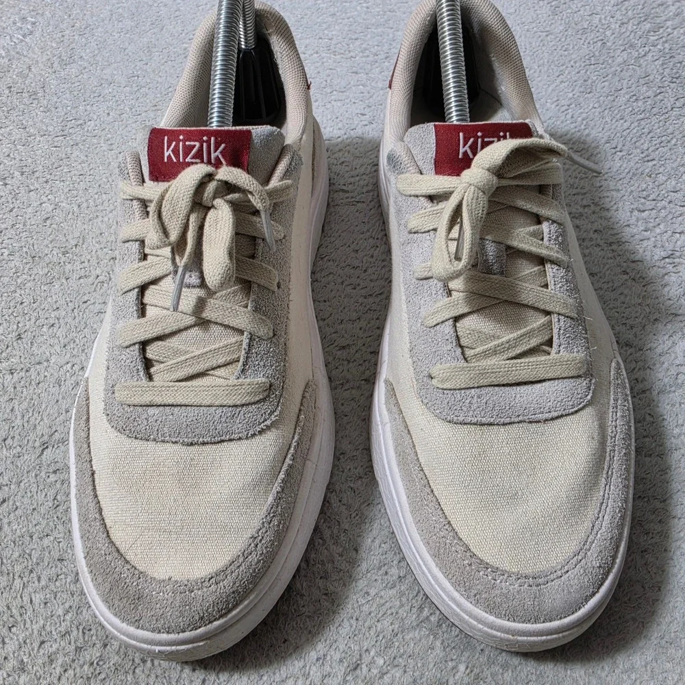 Kizik Prague Sneakers Mens 8 Womens 9.5 Cream‎ Gray Burgundy Hands-Free Slip On